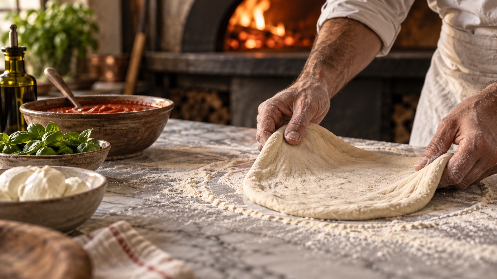 Preparazione artigianale dell'impasto della pizza, immagine illustrativa