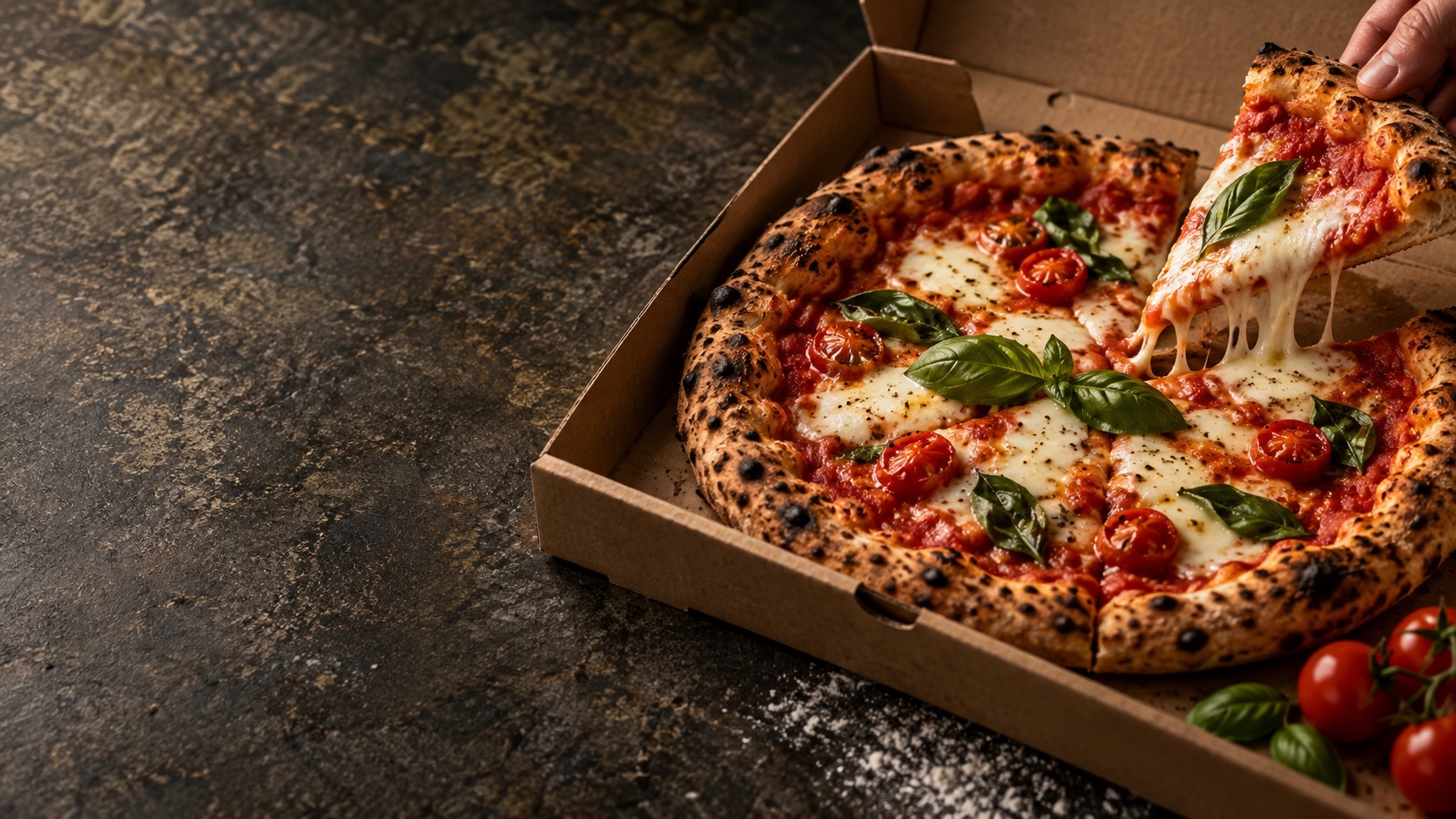 Pizza artigianale da asporto in un cartone, immagine illustrativa